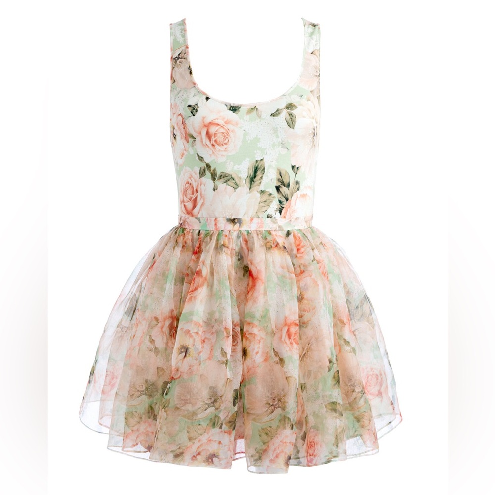 ALICE + OLIVIA 
CHARA MINI DRESS
COLOR Morningside Floral Pistachio
Size 2 
NWT